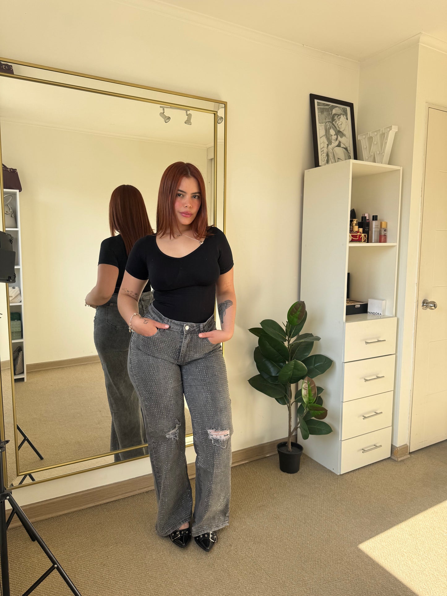 Jeans Recto Brillo Gris