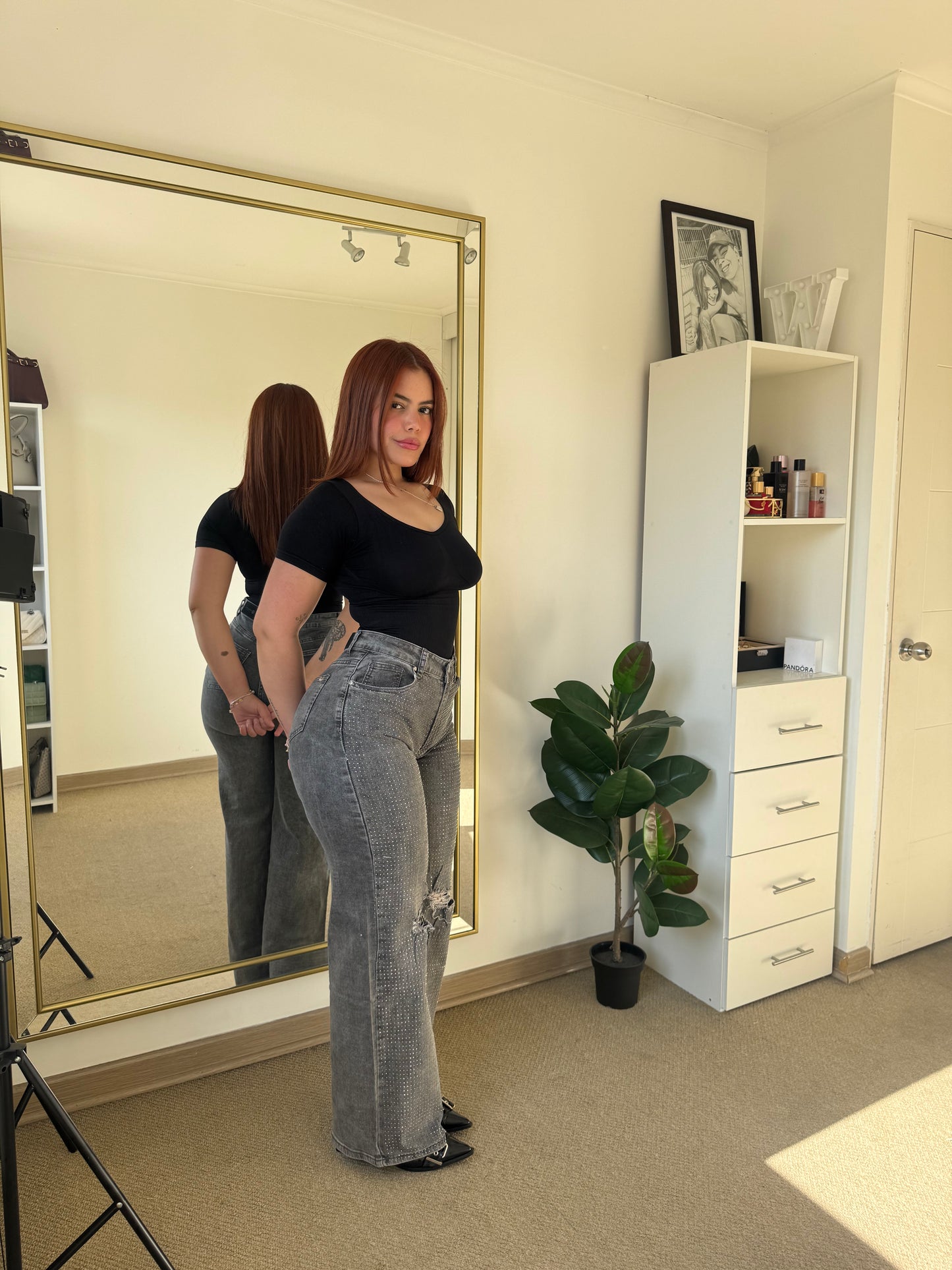 Jeans Recto Brillo Gris