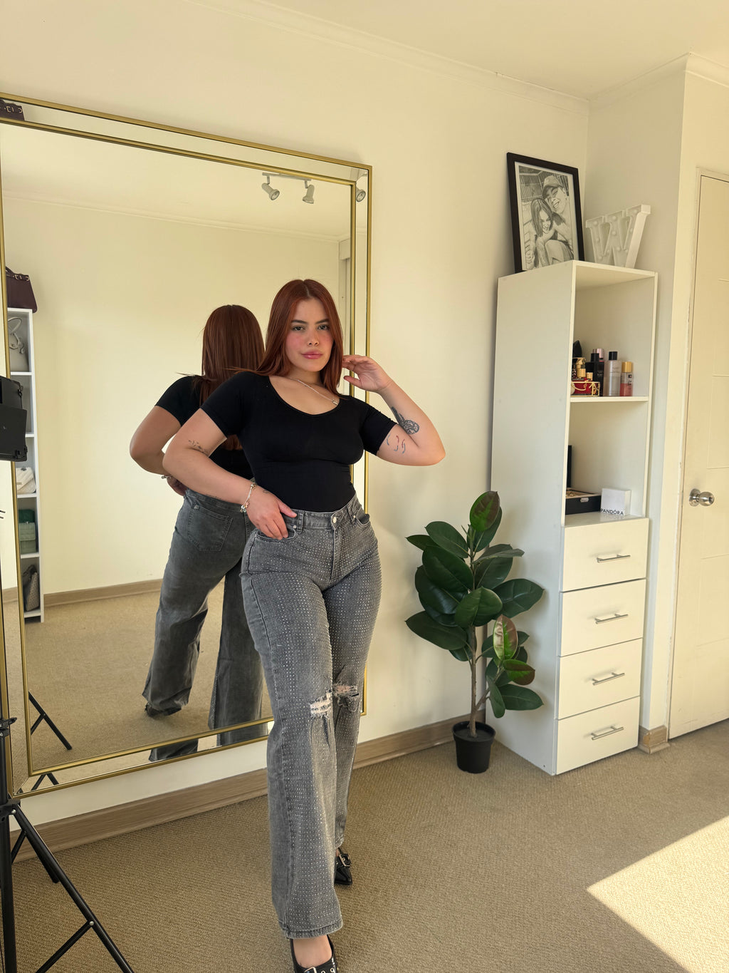 Jeans Recto Brillo Gris